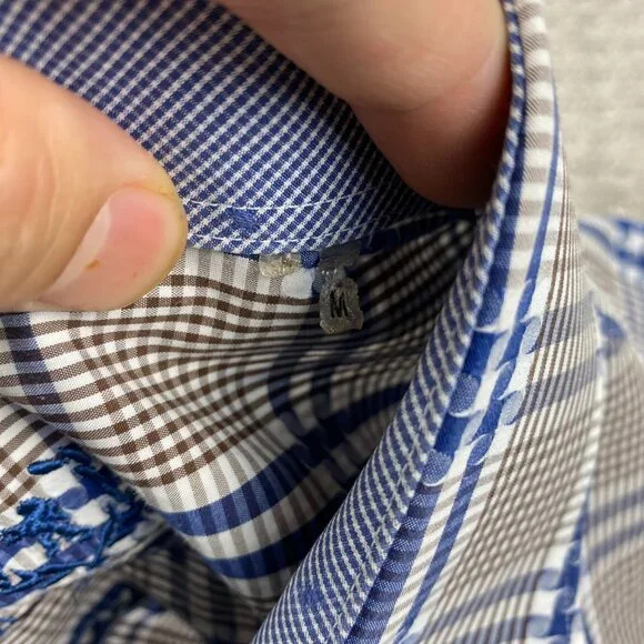 BUGATCHI UOMO Shirt Men Medium M Brown Blue Checkered Button Up Long Sleeve Polo - Picture 4 of 8